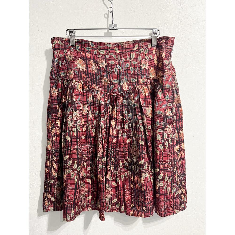 Peruvian Connection Skirt 10 Red Pleated Skirt Floral Plaid Pockets Zip Knee